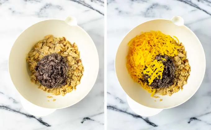 Mashed black beans and shredded vegan cheddar are added to a large mixing bowl.