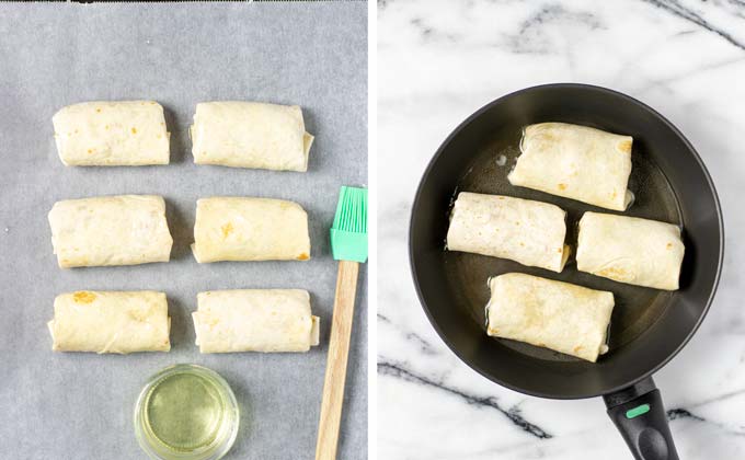 Side by side view of rolled Chimichangas on a baking dish and in a frying pan before baking/frying.