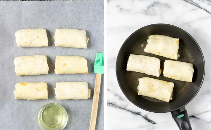 Side by side view of rolled Chimichangas on a baking dish and in a frying pan before baking/frying.