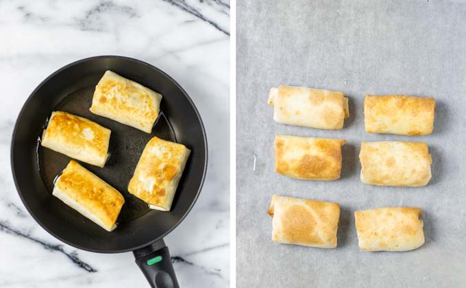 Side by side view of rolled Chimichangas on a baking dish and in a frying pan after baking/frying.