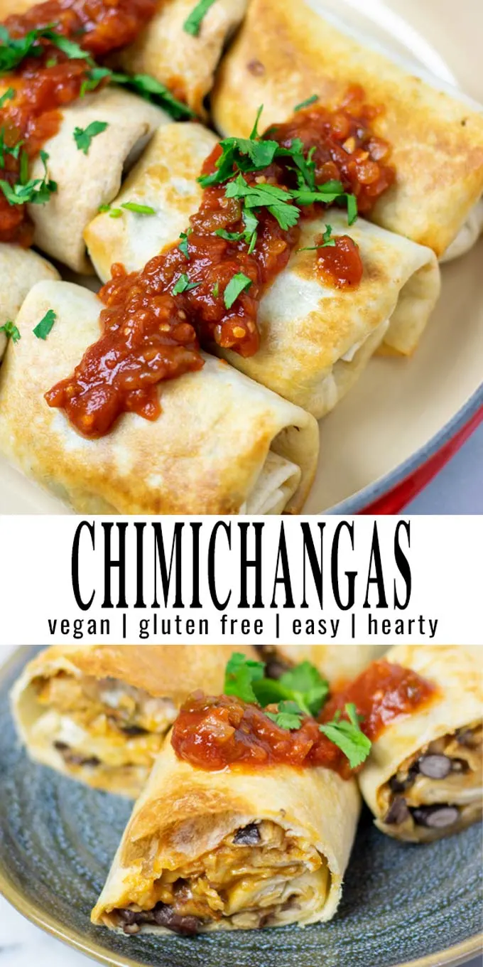 Collage of two pictures of the Chimichangas with recipe title text.