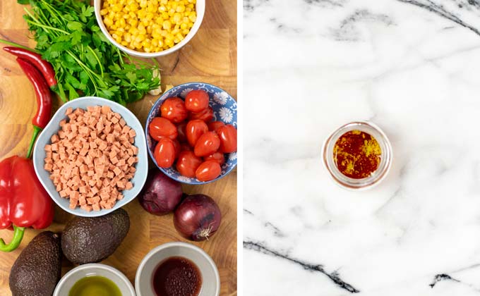 Ingredients for the Corn Salad assembled on a wooden board.