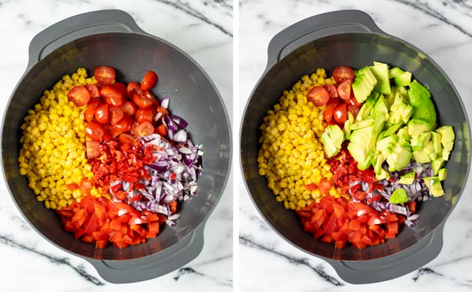 Showing how fresh avocado is added to the salad.