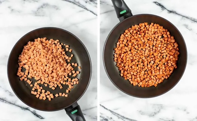 Vegan bacon bits are fried in a small frying pan.