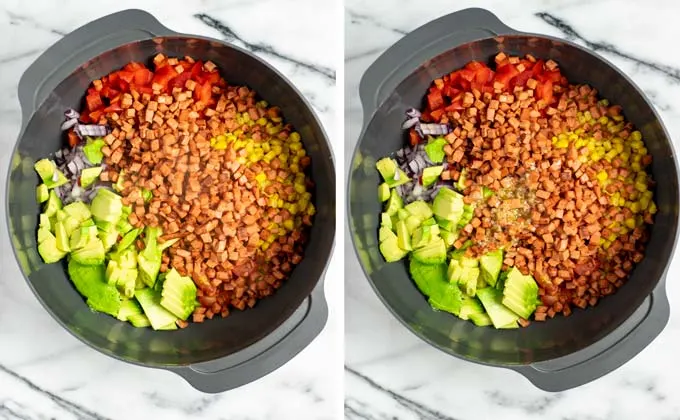 Fried bacon bits and the salad dressing are given to the bowl.