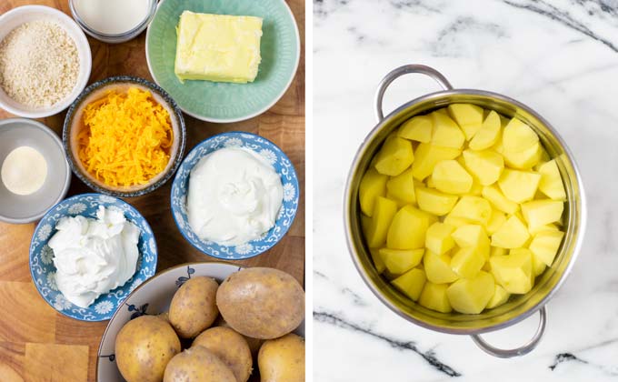 Ingredients for the Creamy Potatoes assembled on a wooden board.