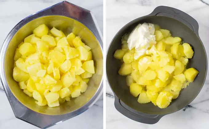 Showing cooked potatoes in a large bowl and how sour cream is added.