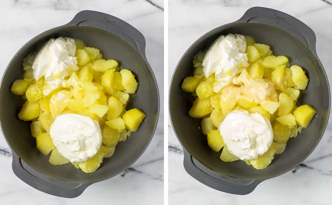 Side by side view of a large bowl with potatoes, with added spices, plant milk, and vegan cheeses.