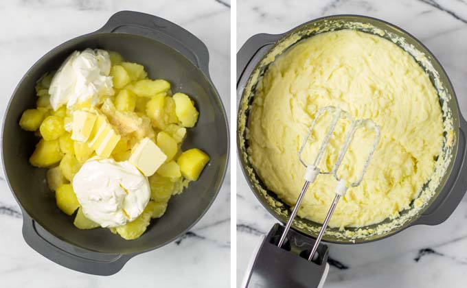 Side by side view of a bowl with the creamy potatoes before and after mixing.