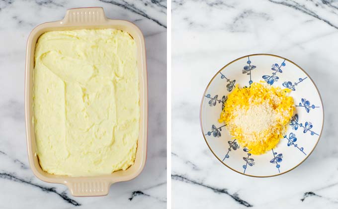 Potato mash is transferred to a casserole dish and the breadcrumb-cheese topping prepared in a small bowl.