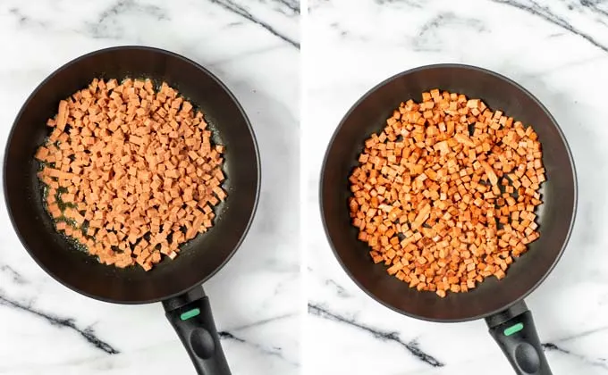 Before and after view of frying vegan bacon bits in a frying pan.