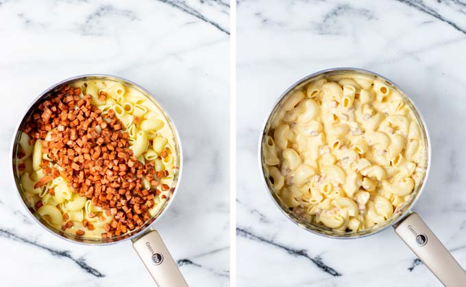 Showing how the fried bacon bits and pre cooked macaroni are added to the cheese sauce.