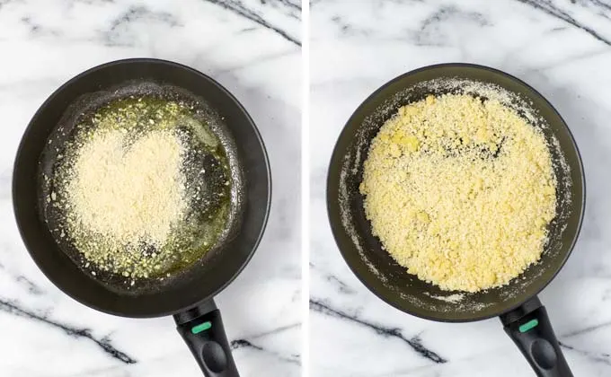 Breadcrumbs and vegan parmesan are mixed with vegan butter.