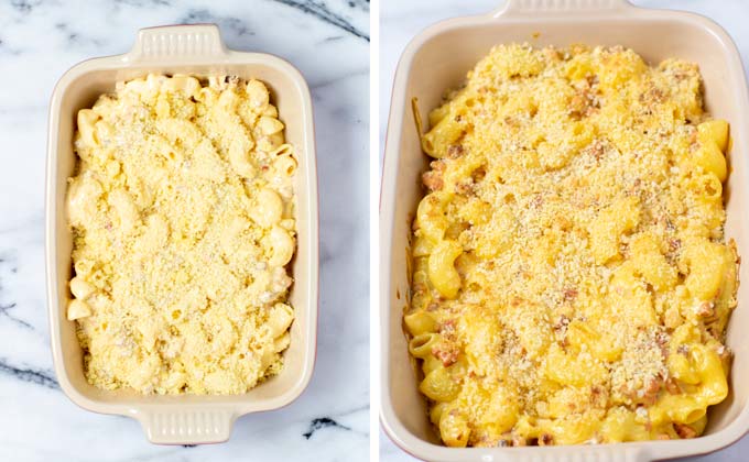 Side by side view of a casserole dish with the Deluxe Mac and Cheese before and after baking.