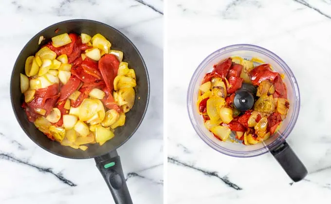 Onions, garlic, and pepper are pre-fried in a sauce pan, then transferred to a food processor.