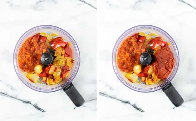 Tomato paste and diced tomatoes are added to the bowl of the food processor.