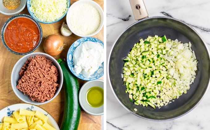 Ingredients for the Rigatoni Bake assembled on a wooden board.