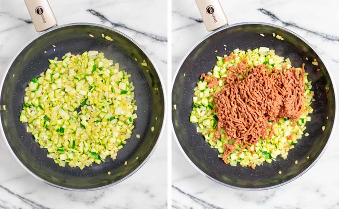 Onion and zucchini dices are fried in a frying pan.