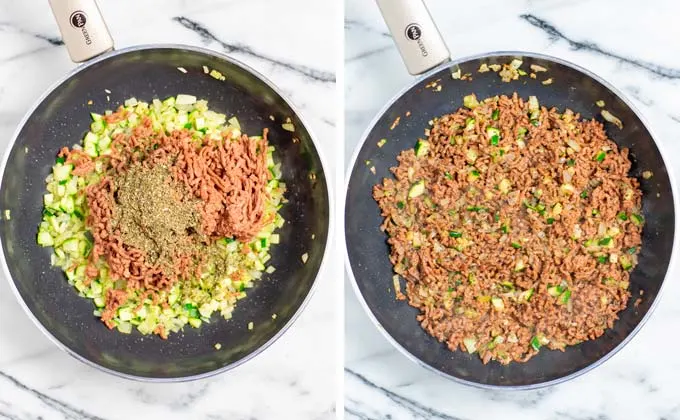 Showing the frying vegan ground beef with Italian herbs and spices.