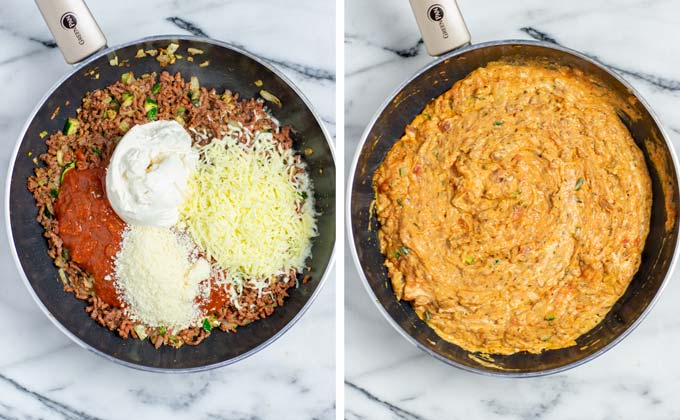 Showing how vegan cheeses and sour cream is added to the frying pan and mixed with the ground beef.