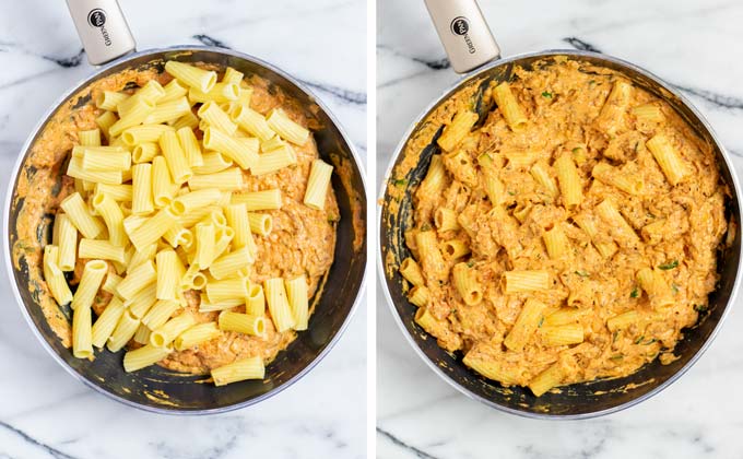 Pre-cooked rigatoni are mixed with the sauce.