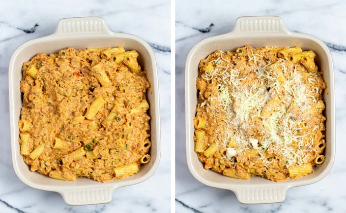 The rigatoni and beef sauce mixture is transferred to a casserole dish and covered with vegan cheeses.