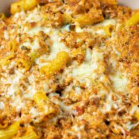 Closeup of the Rigatoni Bake with the melted cheese,