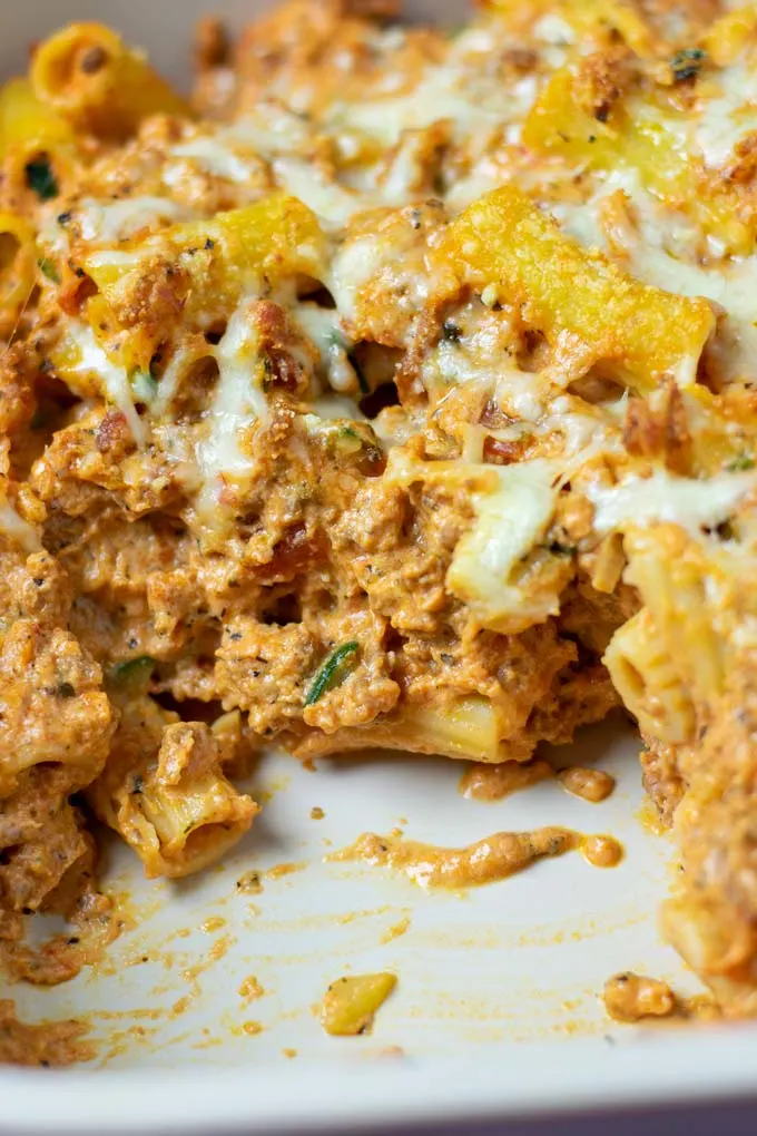 Closeup of the Rigatoni Bake with a portion taken out of the casserole dish.