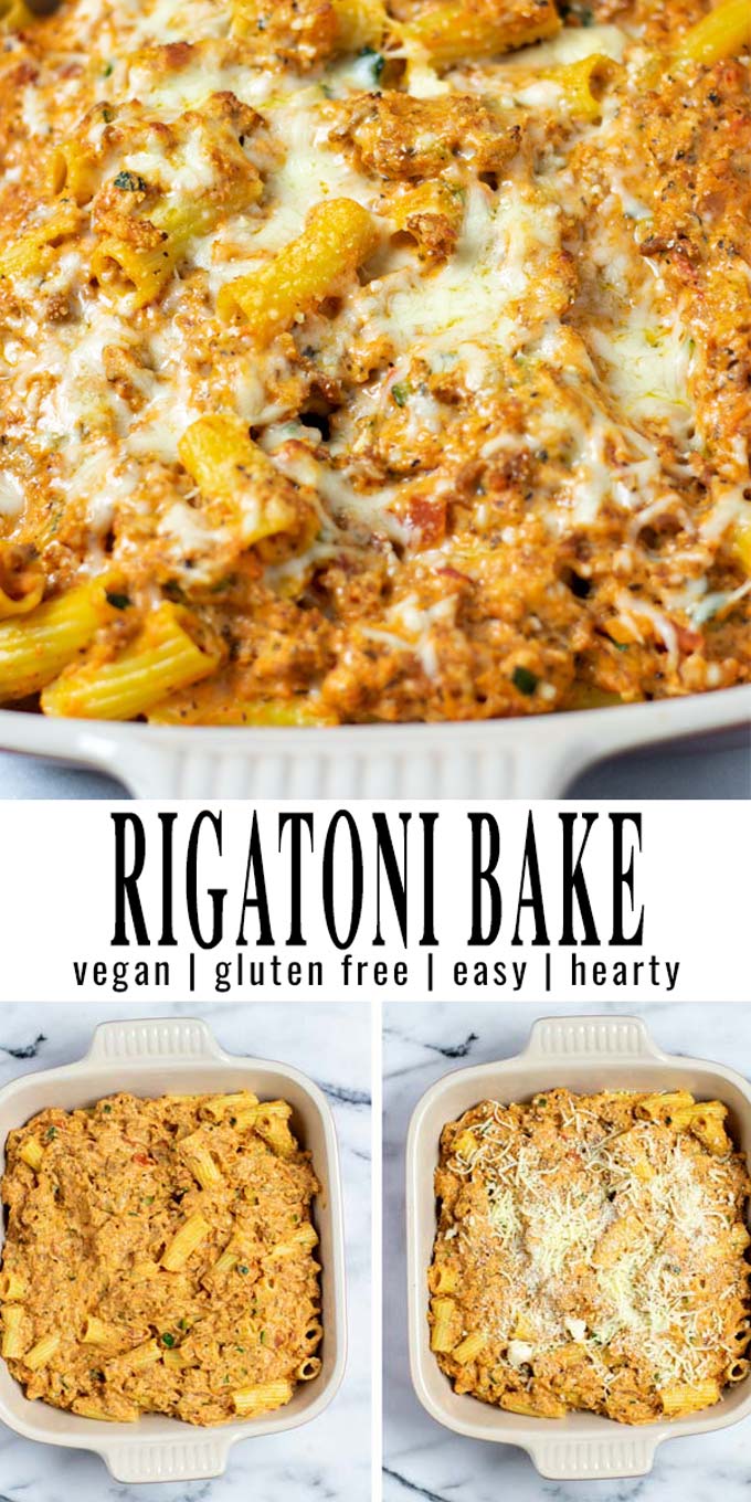 Collage of two pictures of the Rigatoni Bake with recipe title text.