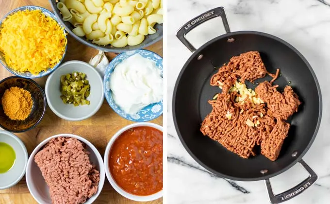 Ingredients for this Taco Mac assembled on a wooden board.