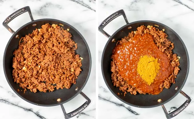 Vegan ground beef is fried in a sauce pan.