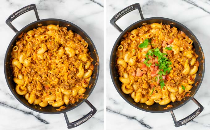 Finally, the Taco Mac is topped with fresh tomato dices and herbs.