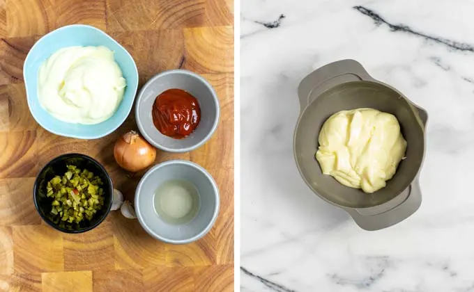 Ingredients needed to make a Thousand Island Dressing are assembled on a wooden board.