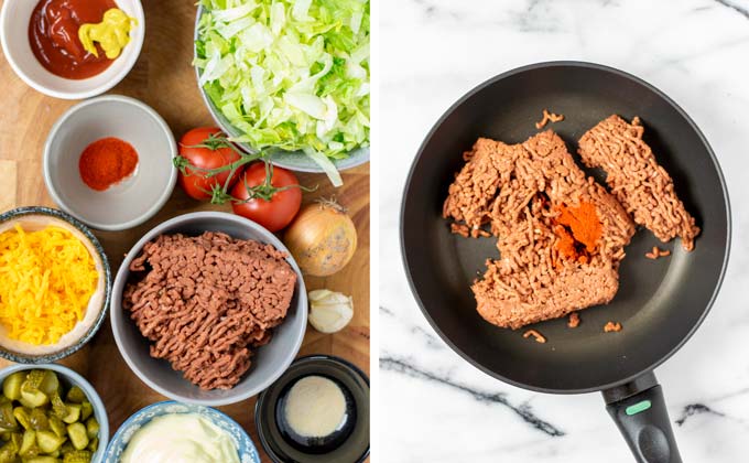 Ingredients for the Big Mac Salad assembled on a wooden board.