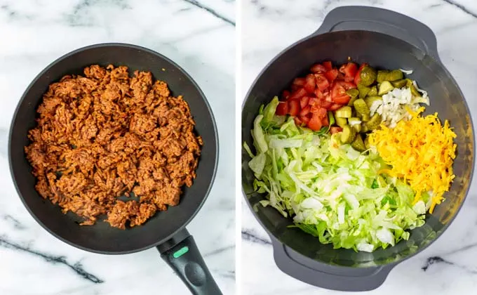 Vegan ground beef is prefried. In a large bowl, cold salad ingredients are mixed.
