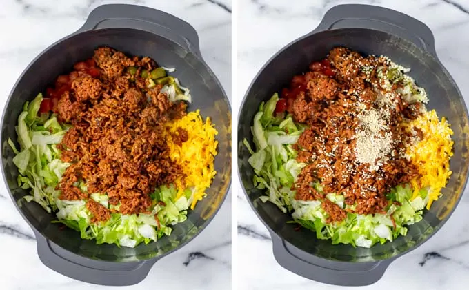 Side by side view of how vegan ground beef is added to a large salad bowl.