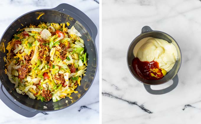 Showing mixed ground beef and salad and the ingredients of the Big Mac Sauce in a small bowl.