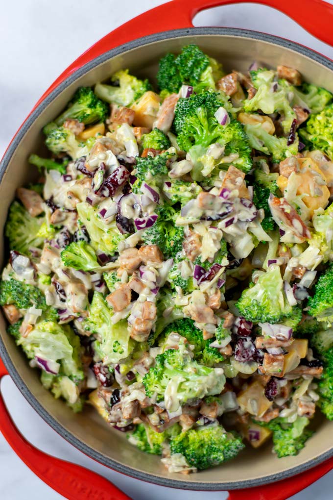 Top view of the served Broccoli Salad.