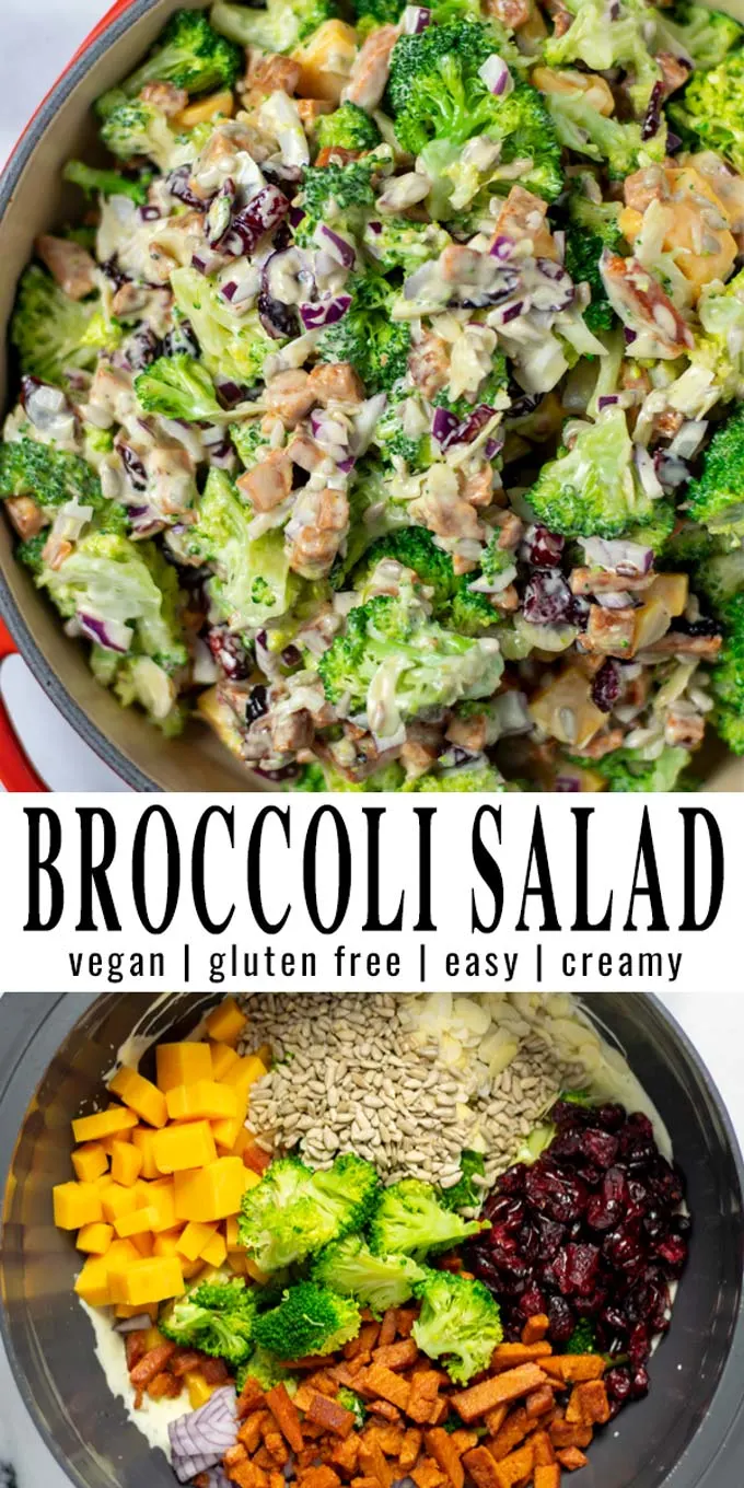 Collage of two pictures of the Broccoli Salad with recipe title text.