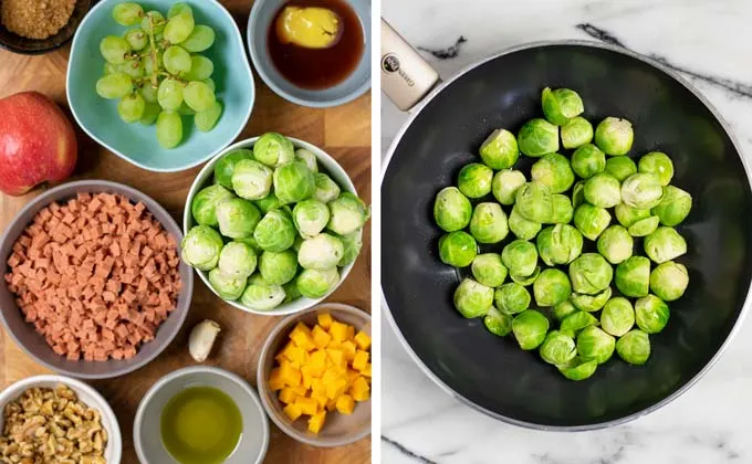 Ingredients for the Brussels Sprouts Salad on a wooded board.