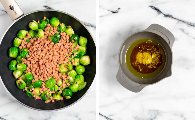 Brussels Sprouts and vegan bacon bits are fried in a large saucepan. 