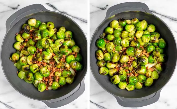 Side by side view of the fried Brussels Sprout and bacon before and after giving the dressing over it.