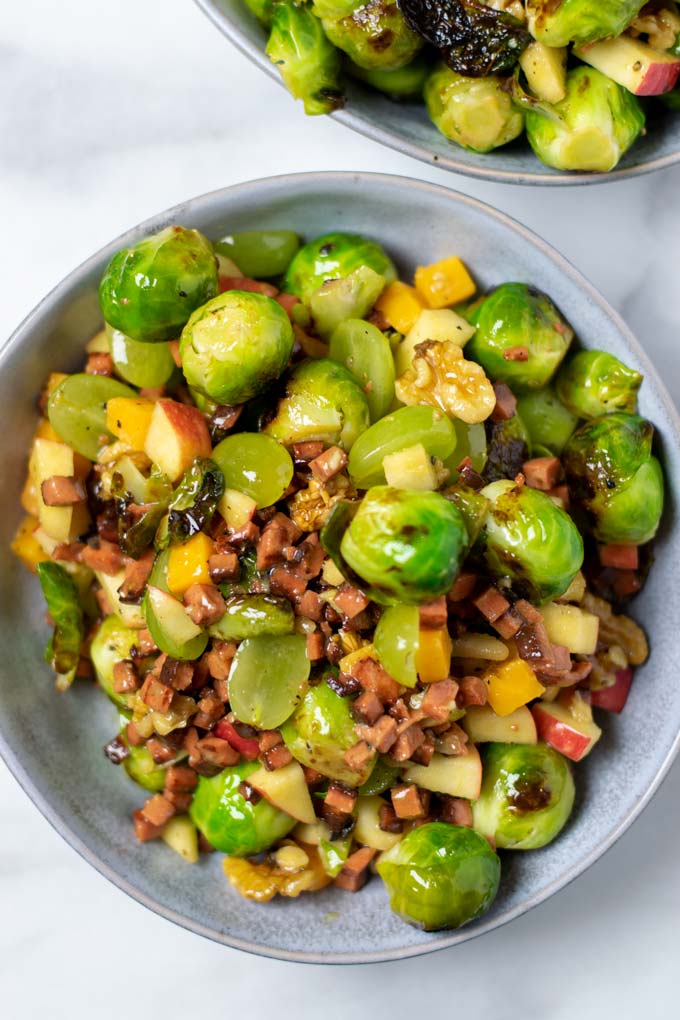 Top view of a portion of the Brussels Sprouts Salad.