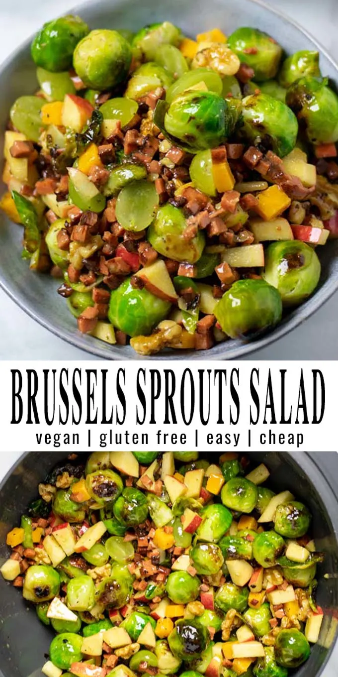 Collage of two pictures of the Brussels Sprouts Salad with recipe title text.