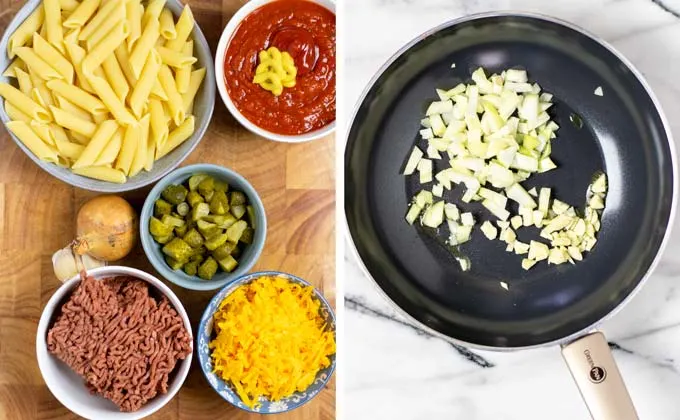 Ingredients needed to make the Cheeseburger Pasta are assembled on a wooden board.