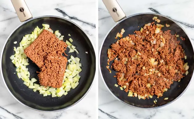Side by side view showing a pan with vegan ground beef before and after frying.