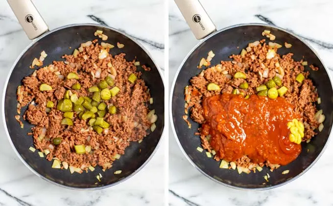 Pickle cubes and salsa tomato sauce are added to the pan with fried vegan ground beef.