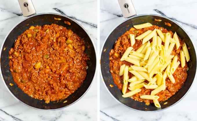 Precooked pasta is added to the pan with the meat-sauce mixture.