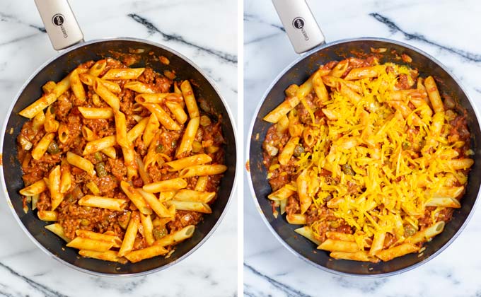 Pasta is mixed with the sauce and sprinkled with shredded vegan cheddar.