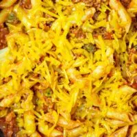 Top view on the pan with the Cheeseburger Pasta.